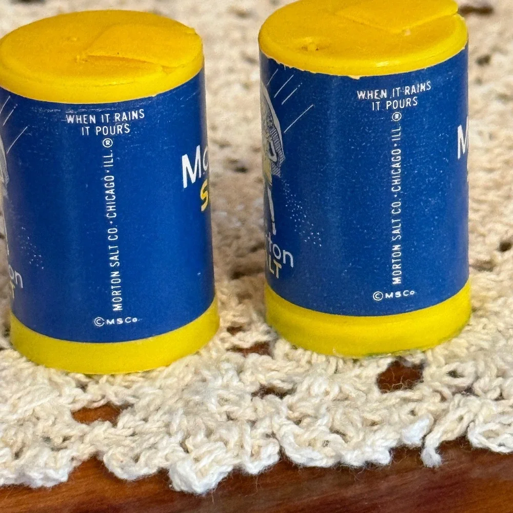 Morton Salt Miniature Shakers Set of 2 Blue Yellow Vintage 1.5in Advertising USA